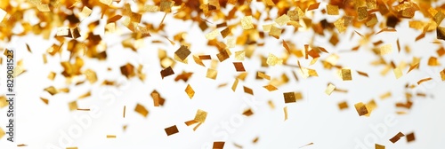An abundant shower of golden confetti descends gracefully against a pure white background in a festive mood photo
