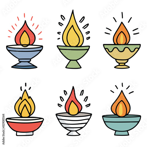 Six colorful diya lamps flaming, religious Hindu festival, Deepawali celebration elements. Hand drawn Diwali oil lamps vector illustration, festive decoration, isolated white background. Simple line