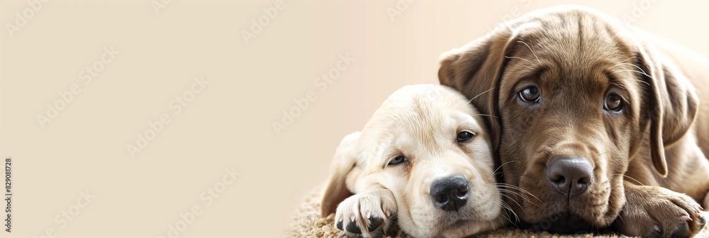 Two adorable puppies snuggle together on a soft bed, their eyes conveying warmth and friendship Two adorable puppies snuggle together on a soft bed, their eyes conveying warmth and friendship