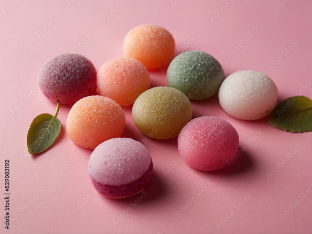 Japanese rice desert mochi closeup. Colouful mochi cakes. Japanese rice desert mochi closeup. Colouful mochi cakes.