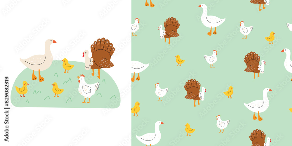Cute seamless pattern with farm birds. Childish cute print and pattern set with turkey, chicken and goose. Perfect for fabric, textiles and prints. Hand drawn nursery vector illustration. Cute seamless pattern with farm birds. Childish cute print and pattern set with turkey, chicken and goose. Perfect for fabric, textiles and prints. Hand drawn nursery vector illustration.