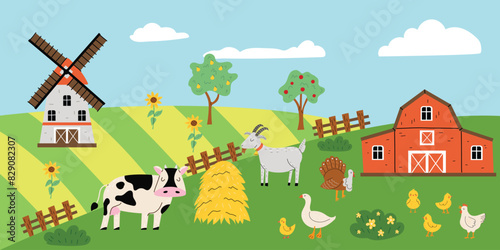 Cute background with farm animals. Vector illustration of farmland, cow, goat, mill, sunflower,chickens. Template for banner, print, flyer. Children's illustration