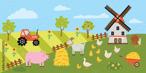 Cute background with farm animals. Vector illustration of farmland, pig, sheep, mill, sunflower, chickens. Field with tractor. Template for banner, print, flyer. Children's illustration.