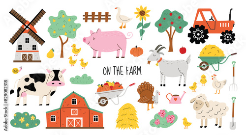 Large set of cute farm animals and birds in flat style. Cow, goat, lamb, goose, chicken, pig, tractor, hay and mill in hand drawn style. Objects for poster, banner or postcard. White background.