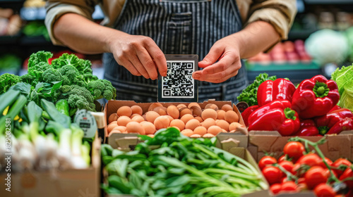 At a grocery store, a woman scans a QR code on a paper, likely related to food or ingredients