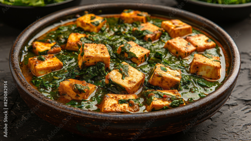 Palak Paneer indian traditional food with cheese and spinach on black background, view from above,generative ai
