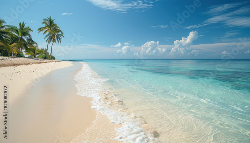 The tropical beach is lined with palm trees and features crystalclear turquoise water