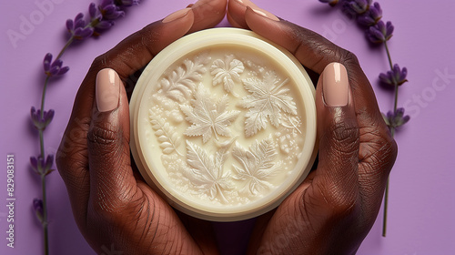 a woman's hands holding a jar of cream with intricate leaf patterns on the surface, set against a lavender background adorned with sprigs of lavender. The image highlights the natural and artistic des photo