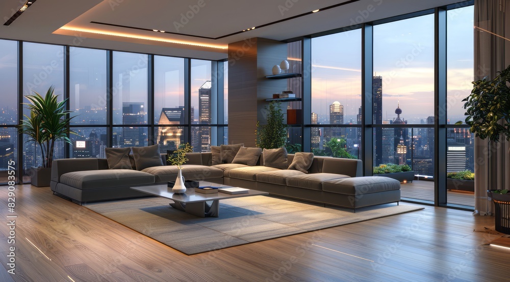 Fototapeta premium Modern living room interior with a contemporary sectional sofa, elegant coffee table, and panoramic city views