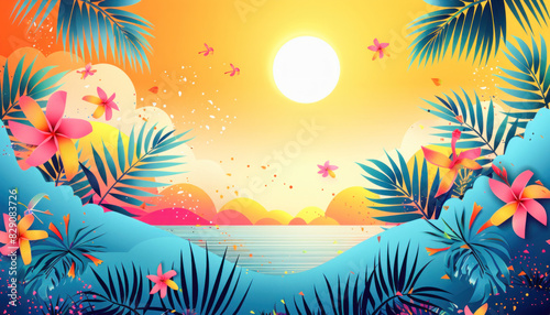 Tropical scene with palm trees, flowers, sunset by the ocean, and peaceful atmosphere