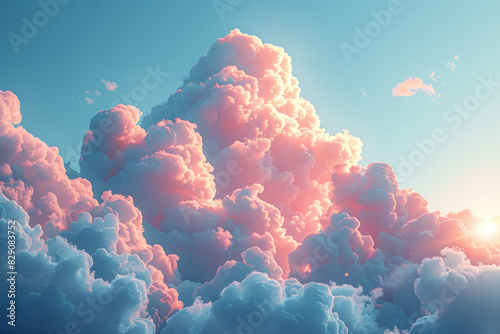 Light blue and pale peachy pink pastel clouds. Concept of calmness and beauty. Generative Ai. photo