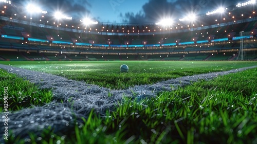 Rendered 3D image of cricket stadium with illuminated floodlights, showcasing white ball on green pitch under night sky.