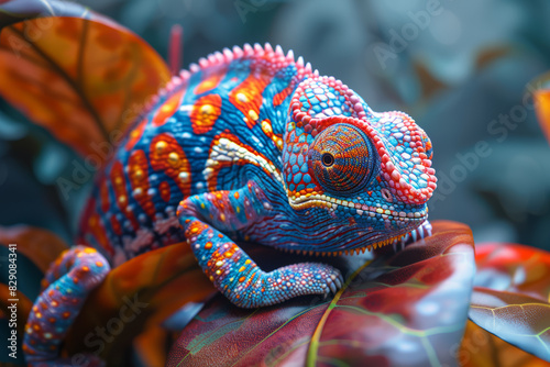 A chameleon shifting colors to match its surroundings. Concept of adaptation and camouflage. Generative Ai.
