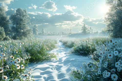 A snowy landscape melting into a lush green meadow. Concept of climate change and cycles. Generative Ai.