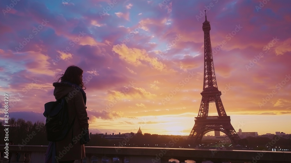 Φωτογραφία Sunset casts a romantic glow on the Eiffel Tower, a scenic backdrop for travel enthusiasts in Paris, France