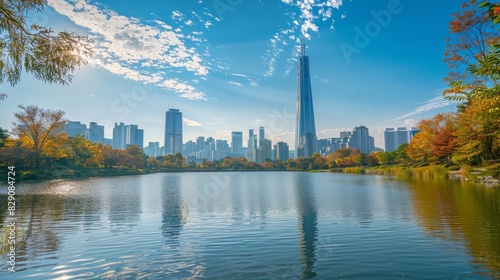Stunning vista of downtown Seoul featuring a modern skyscraper by the lake against a clear blue sky. Seoul, a prominent tourist destination in Asia. photo