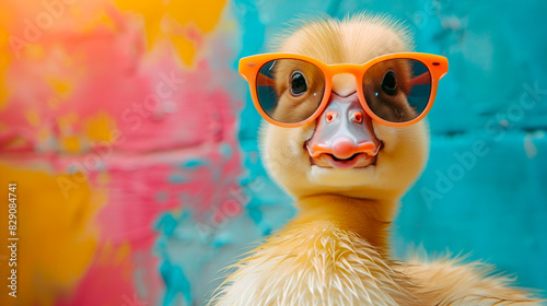 Funny duck in sunglasses in trendy style on colorful background. Portrait pet summer. Pet care, generated AI