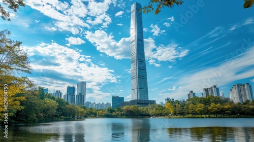 Stunning vista of downtown Seoul featuring a modern skyscraper by the lake against a clear blue sky. Seoul, a prominent tourist destination in Asia.