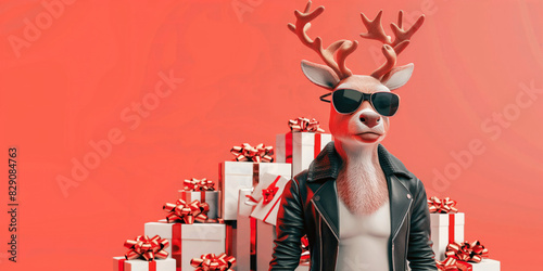 Cool reindeer in sunglasses and leather jacket with Christmas gifts on a red background. Banner with copy space photo