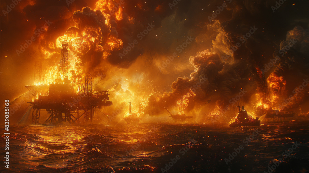 an oil rig worker is jumping in the fire at the oil platform trying to escape,generative ai an oil rig worker is jumping in the fire at the oil platform trying to escape,generative ai