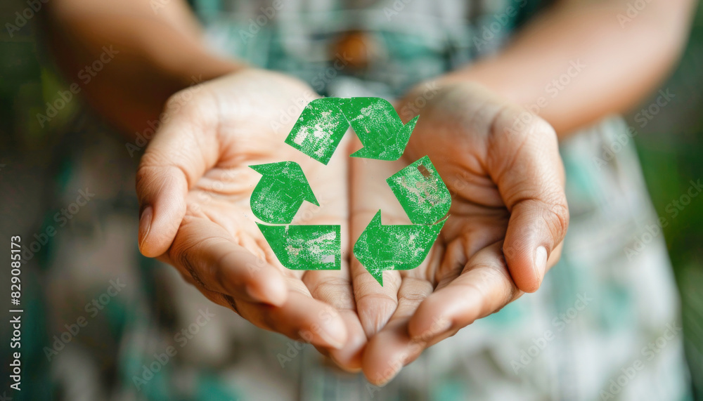 A person is holding a green recycling symbol between their hands near grass and trees A person is holding a green recycling symbol between their hands near grass and trees