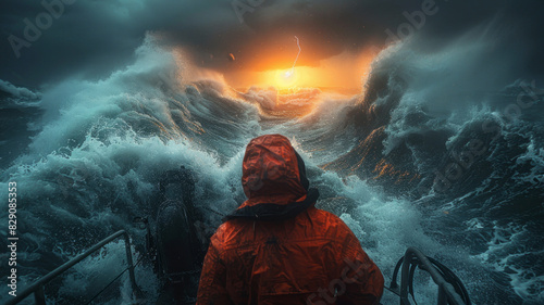 a seaman on a tanker during stormy sea, dramatic, cinematic lighting,generative ai photo