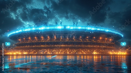 Vibrant cricket stadium aglow with fans in nocturnal view, part of contemporary sports complex in 3D rendering. photo