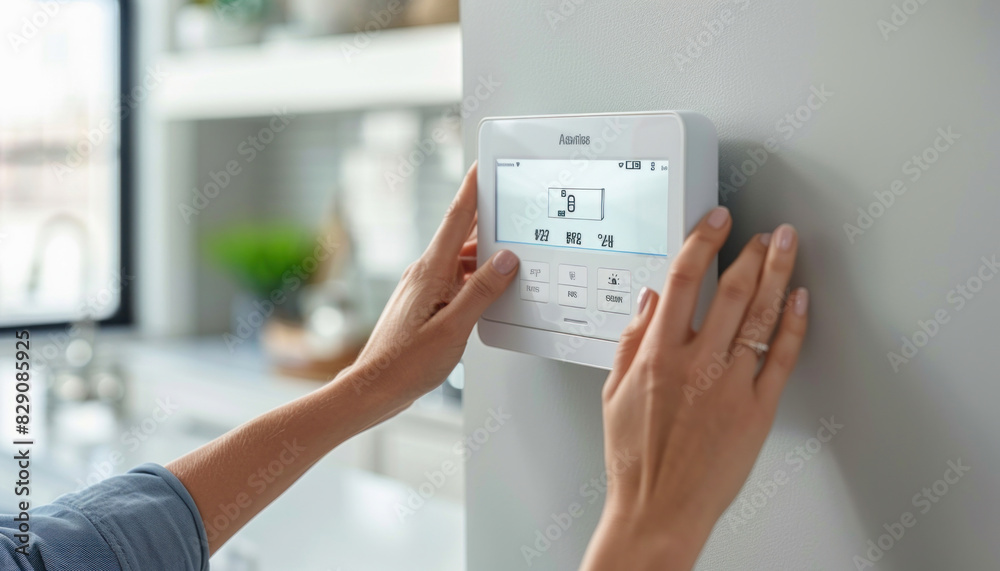 The individual adjusts the thermostat placed on the kitchen wall, using their finger The individual adjusts the thermostat placed on the kitchen wall, using their finger