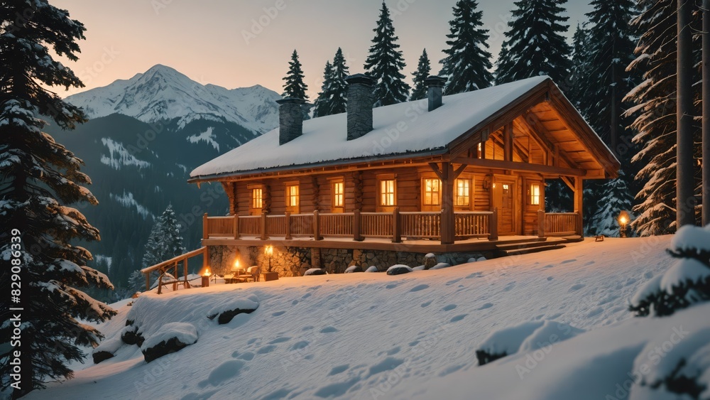 Naklejka premium A cozy wooden cabin in the snowy mountains at dusk with soft glowing lights, surrounded by pine trees and a stunning winter landscape.