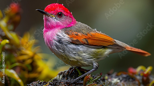 adult male Pinkheaded Warbler Cardellina versicolor with bright pink and red plumage found in Guatemala Central America photo