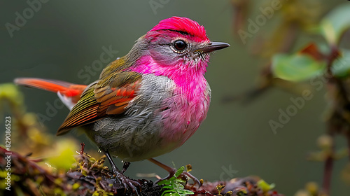 adult male Pinkheaded Warbler Cardellina versicolor with bright pink and red plumage found in Guatemala Central America photo