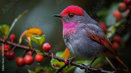 adult male Pinkheaded Warbler Cardellina versicolor with bright pink and red plumage found in Guatemala Central America photo