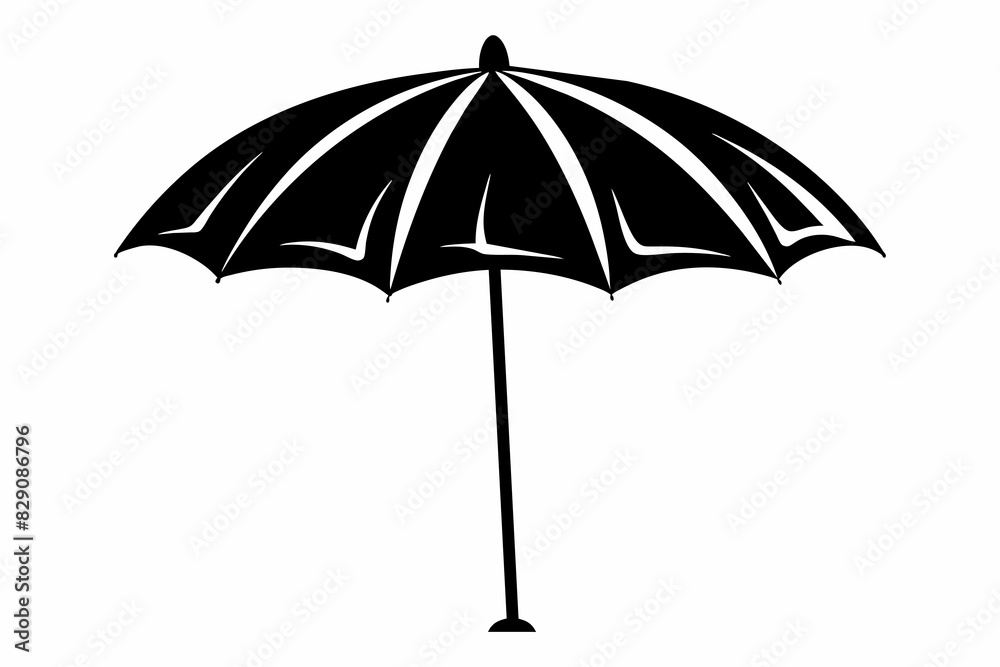 Black beach umbrella with a simple geometric design. Minimalist style, monochrome artwork, weather protection concept. Black silhouette isolated on white background. Black beach umbrella with a simple geometric design. Minimalist style, monochrome artwork, weather protection concept. Black silhouette isolated on white background.