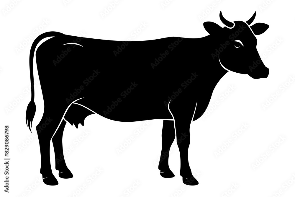 Silhouette of Black Cow with Horns in Profile View. Farm Animal, Livestock, Agriculture, Rural Concept. Black silhouette isolated on white background.