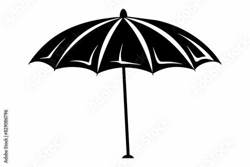 Black beach umbrella with a simple geometric design. Minimalist style, monochrome artwork, weather protection concept. Black silhouette isolated on white background.