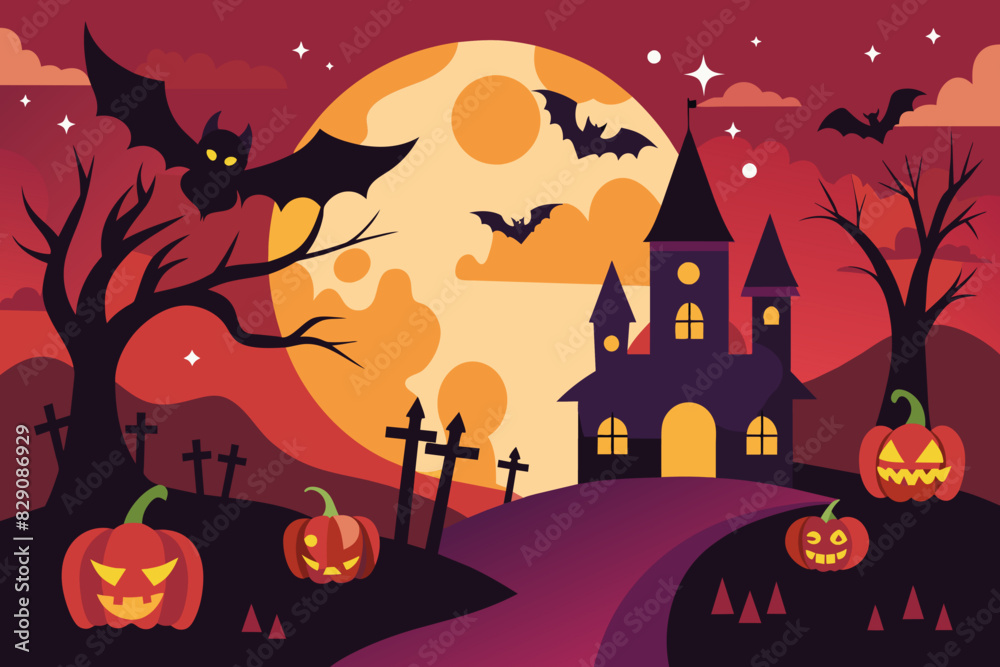 Spooky haunted house with bats and pumpkins on Halloween night. Creepy mansion with jack-o-lanterns and a full moon. Concept of Halloween, haunted house, spooky atmosphere, and night scene
