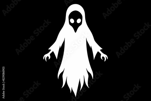 Eerie ghost with a bird-like mask and outstretched claws. Spooky spirit illustration. Halloween, haunting, horror concept. White silhouette isolated on black background.