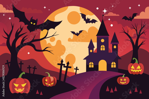 Spooky haunted house with bats and pumpkins on Halloween night. Creepy mansion with jack-o-lanterns and a full moon. Concept of Halloween, haunted house, spooky atmosphere, and night scene