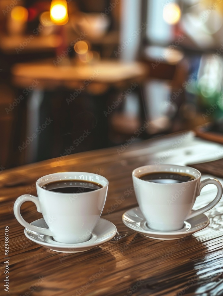 Two cups of coffee placed on a wooden table. Generative AI Two cups of coffee placed on a wooden table. Generative AI