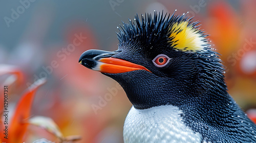 adult male Rockhopper Penguin Eudyptes chrysocome with black white and yellow plumage native to Falkland Islands South America photo