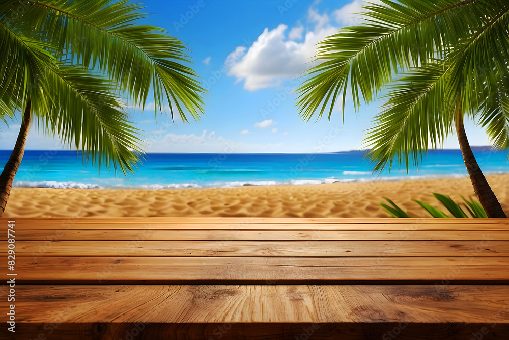 A summertime scene with a blurry beach in the background, an empty wooden table, and palm leaves. A summertime scene with a blurry beach in the background, an empty wooden table, and palm leaves.