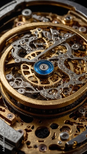Intricate inner workings of mechanical watch. Complex array of gears, springs, mechanisms showcased. Precise assembly, contrast between golden tones of gears.
