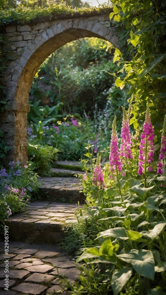 Obraz premium Stone pathway meanders through garden abundant with pink foxgloves, variety of green plants, leading to archway that perfectly frames scene. Sunlight filters through foliage.
