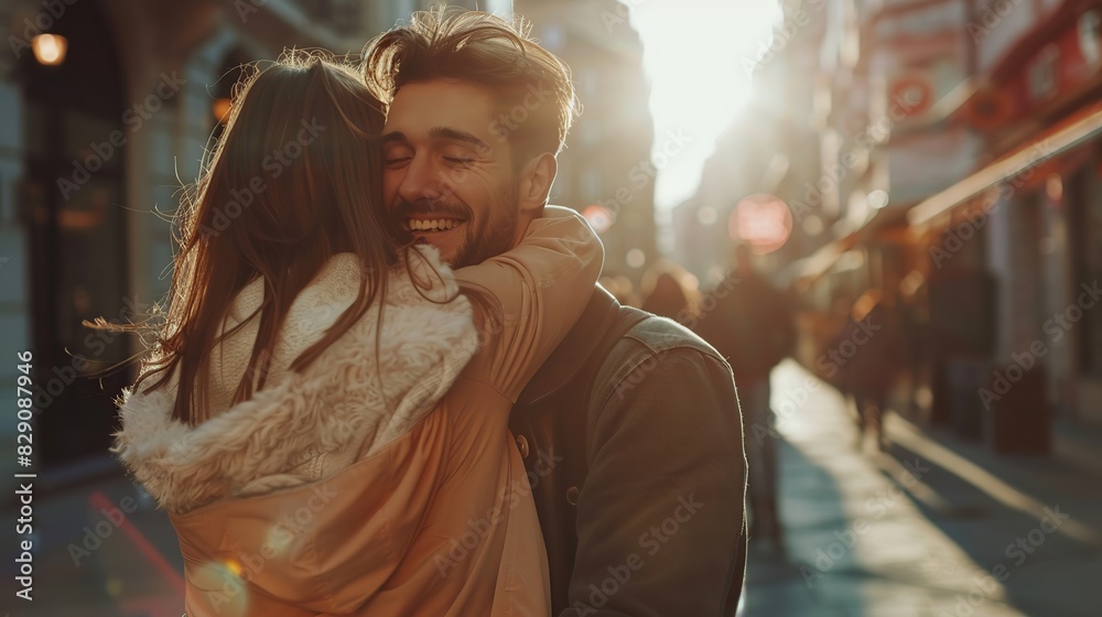 Obraz premium beautiful young couple embracing and smiling while walking, couple in love having fun in the city