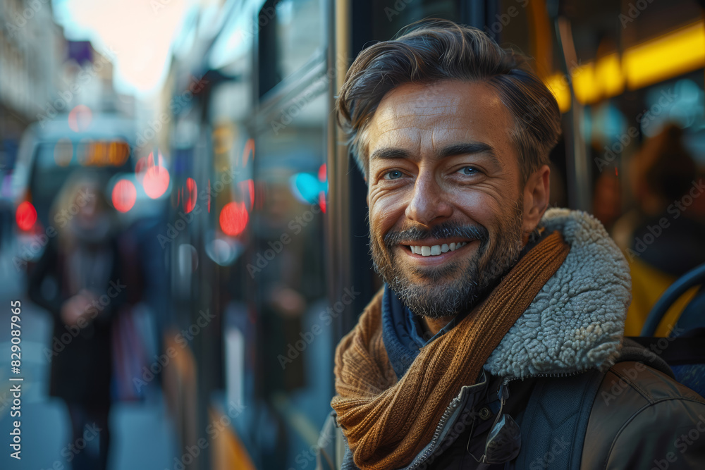 A bus driver greeting passengers with a smile. Concept of service and routine. Generative Ai. A bus driver greeting passengers with a smile. Concept of service and routine. Generative Ai.