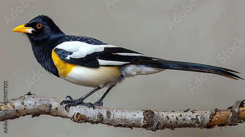 adult male Yellowbilled Magpie Pica nuttalli with black and white plumage and a yellow bill native to the United States North America photo