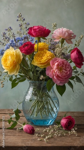 Vibrant bouquet of flowers arranged in clear glass vase on wooden surface against muted green backdrop, creating visually pleasing composition. Bouquet features assortment of colorful blooms. © Tamazina