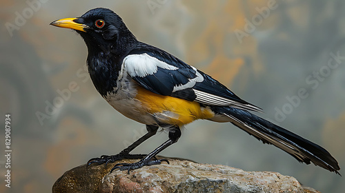 adult male Yellowbilled Magpie Pica nuttalli with black and white plumage and a yellow bill native to the United States North America
