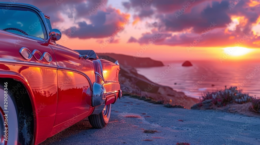Pristine vintage car from the 1950s, parked on a scenic coastal road at ...