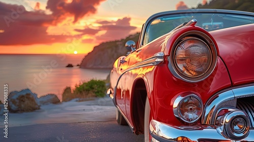 Pristine vintage car from the 1950s, parked on a scenic coastal road at sunset, with gleaming chrome and vibrant red paint